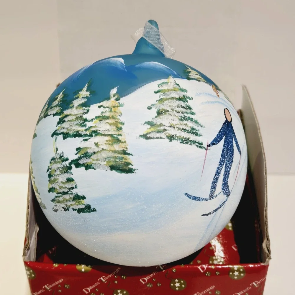 Vintage Dillard's Trimmings Ski Skiing Glass Ball Ornament Blue 4